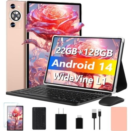 Android Tablet with 6GB+16GB RAM and 128GB ROM, Octa-Core with Keyboard and Mouse- Gold